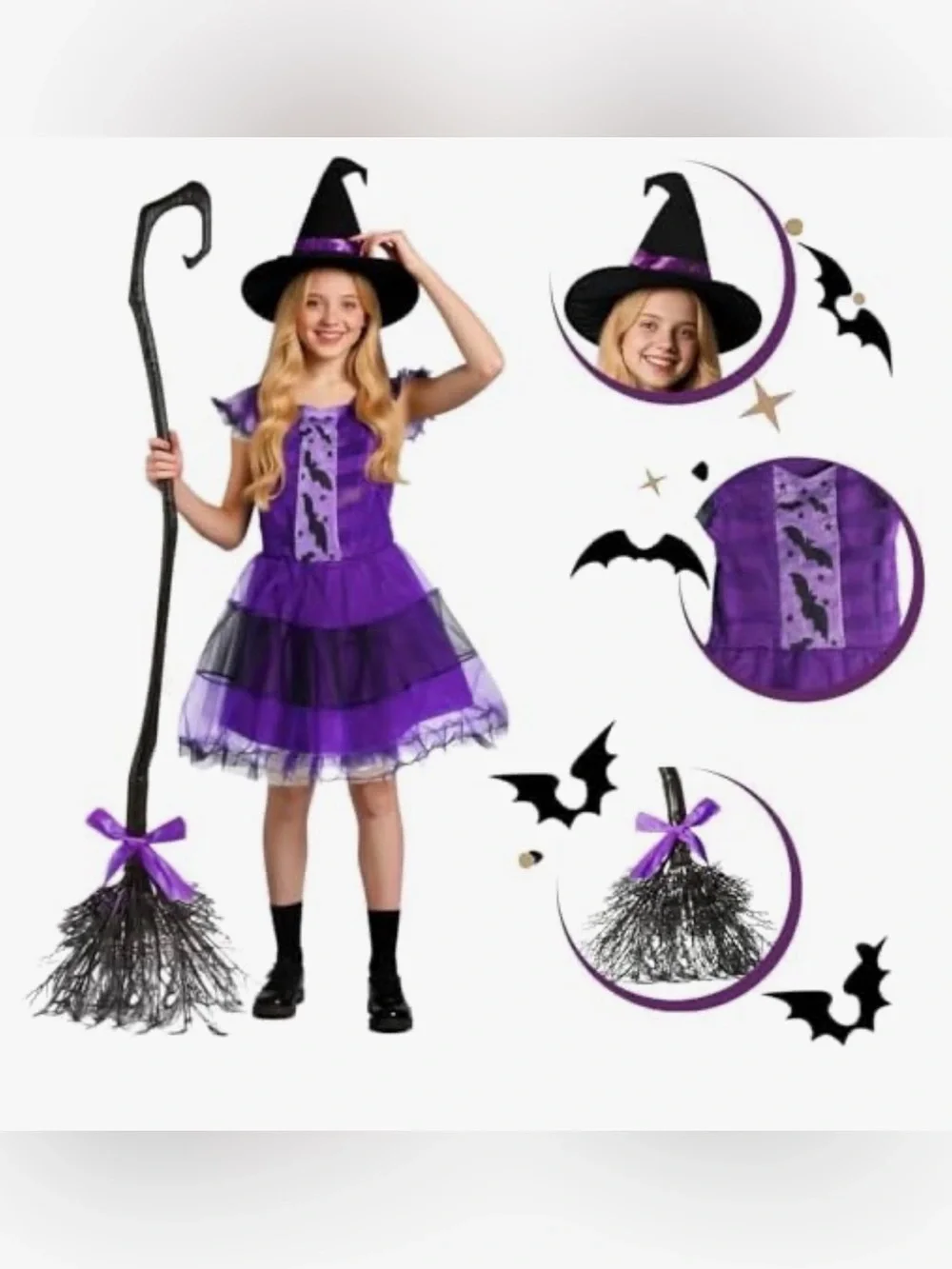Witch Costume, Halloween Witch Dress with Broom for Girls 3+ 6 ageHalloween Co
